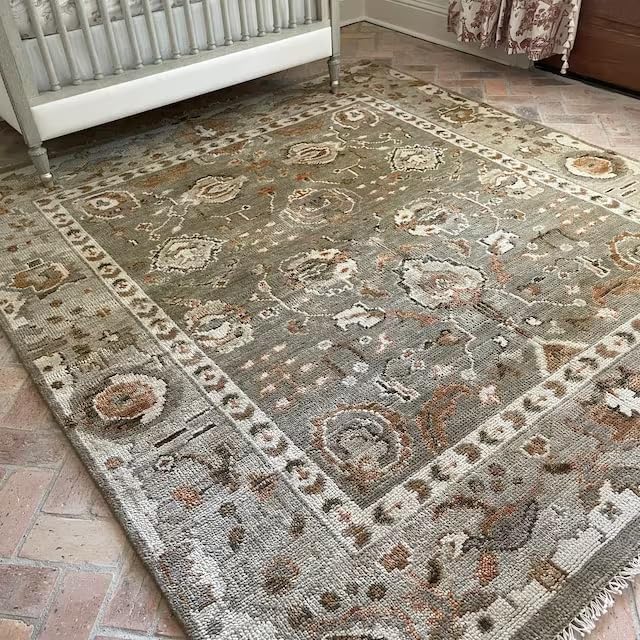 Olive Green Turkish Oushak Hand Knotted Rug for Bedroom & Living Room