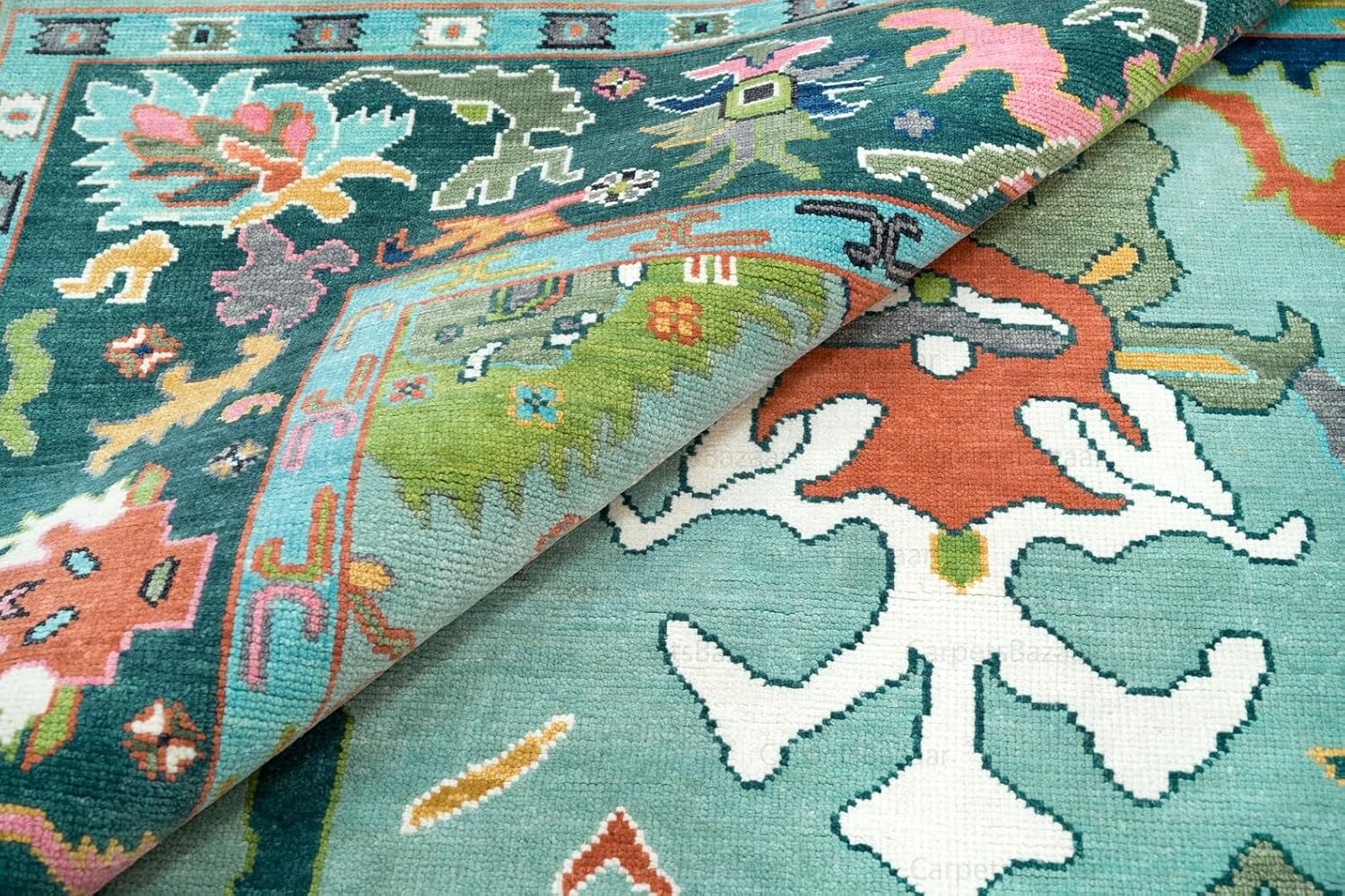 Teal Blue Turkish Oushak Hand Knotted Rug for Bedroom & Living Room