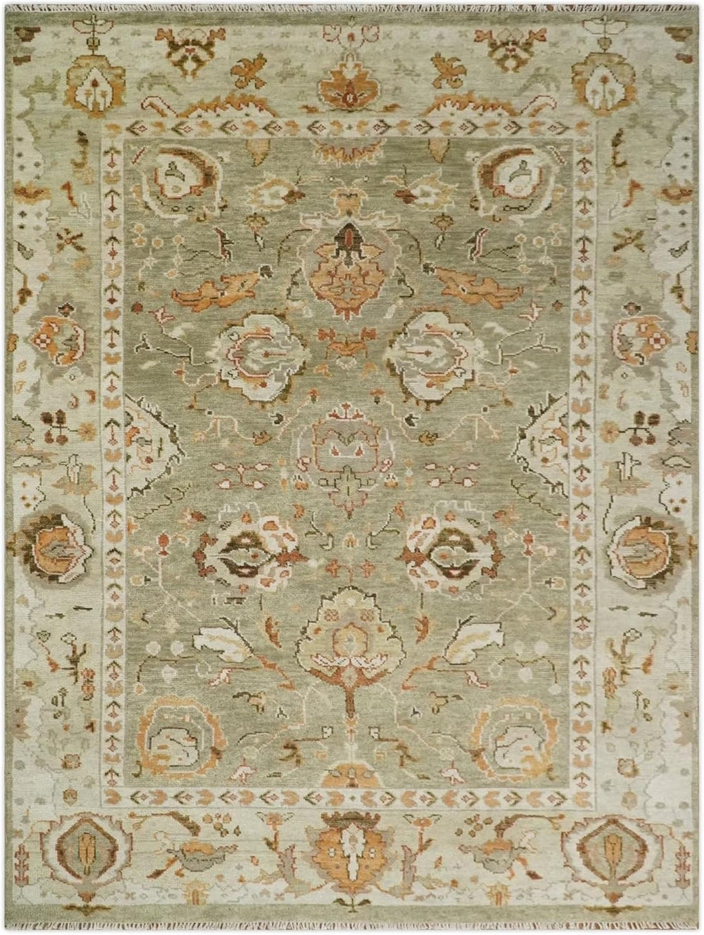 Olive Green Turkish Oushak Hand Knotted Rug for Bedroom & Living Room