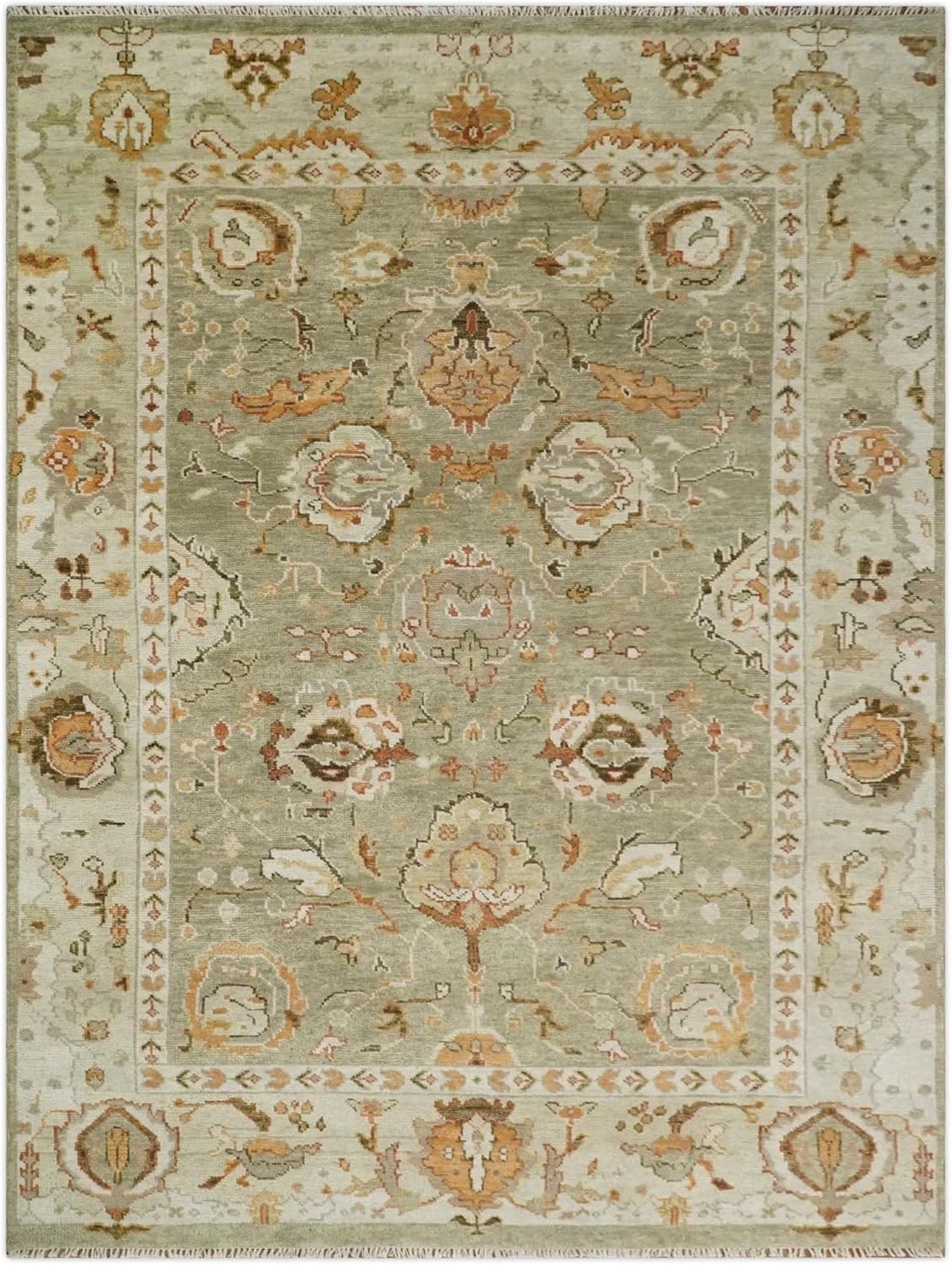 Olive Green Turkish Oushak Hand Knotted Rug for Bedroom & Living Room