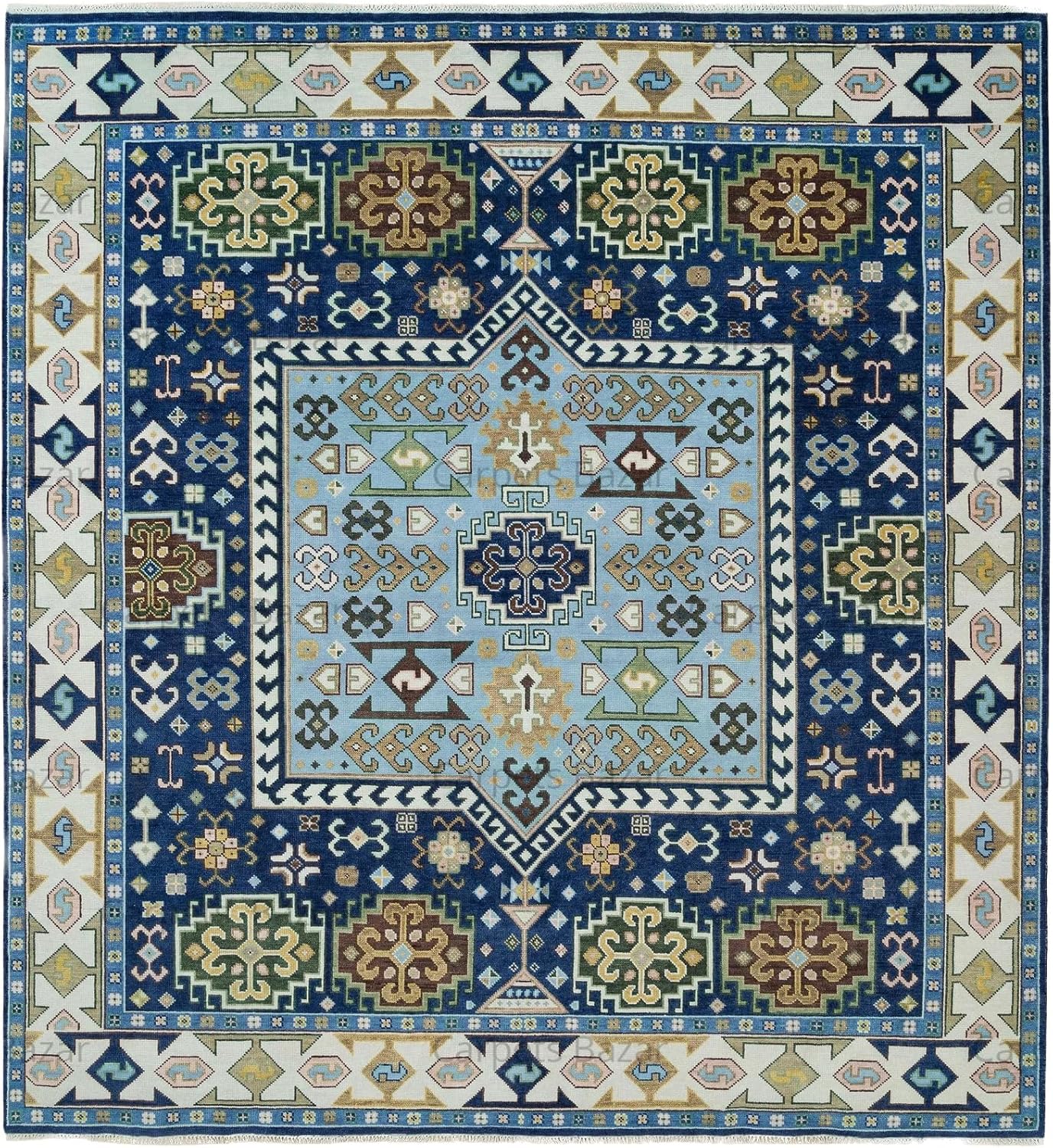 Blue Turkish Oushak Hand Knotted Rug for Bedroom & Living Room