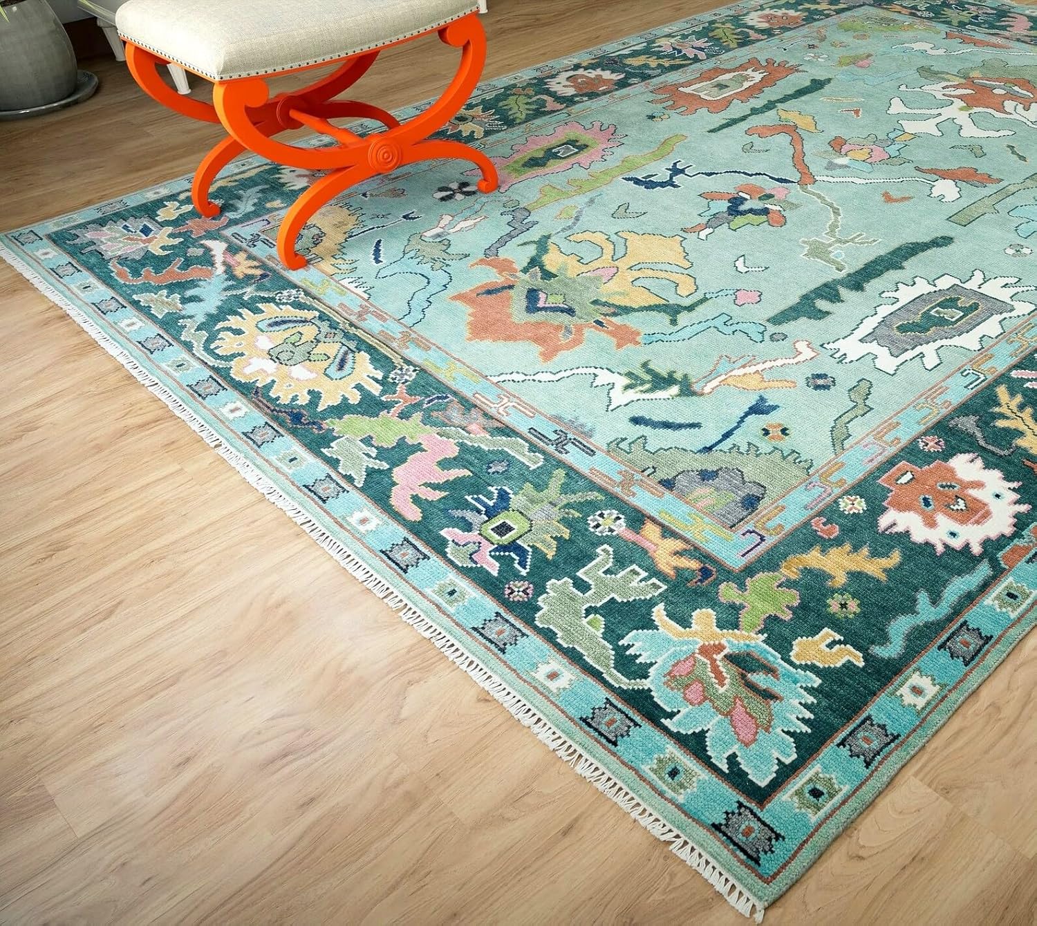 Teal Blue Turkish Oushak Hand Knotted Rug for Bedroom & Living Room