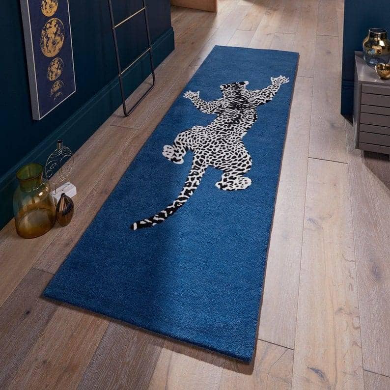Blue Climbing Leopard Hand Tufted Runner Rug for Hallway and Stair