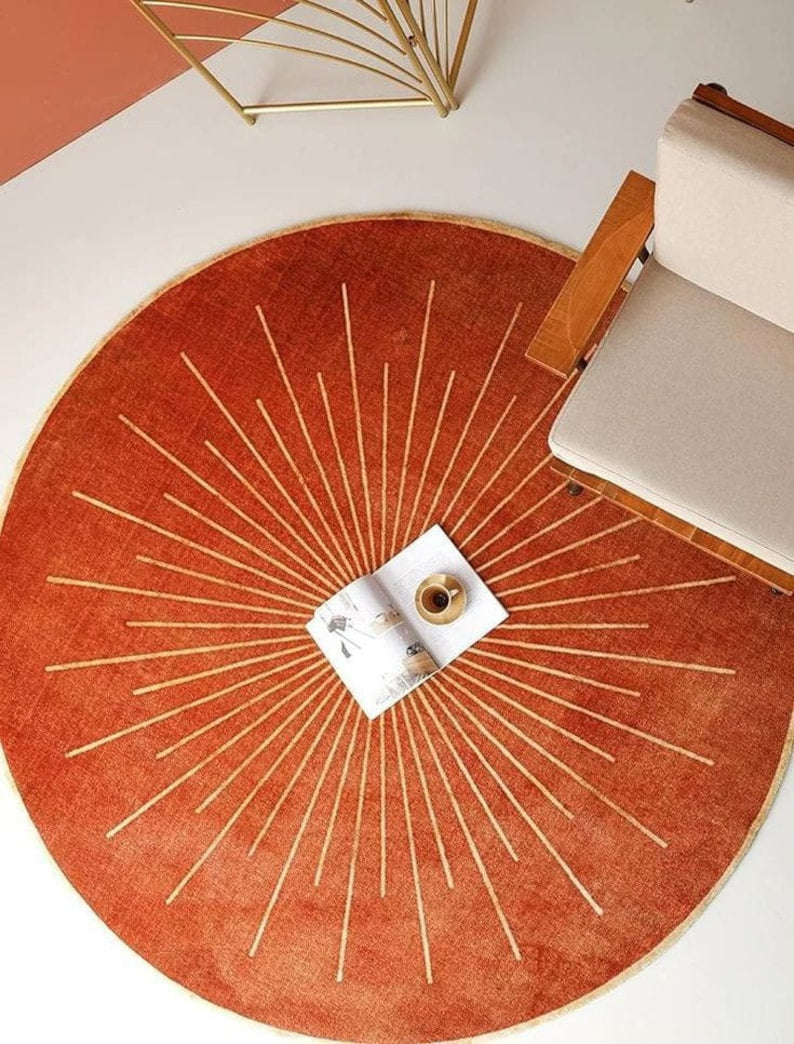 Orange Sun Hand Tufted Wool Round Rug for Living Room and Bedroom