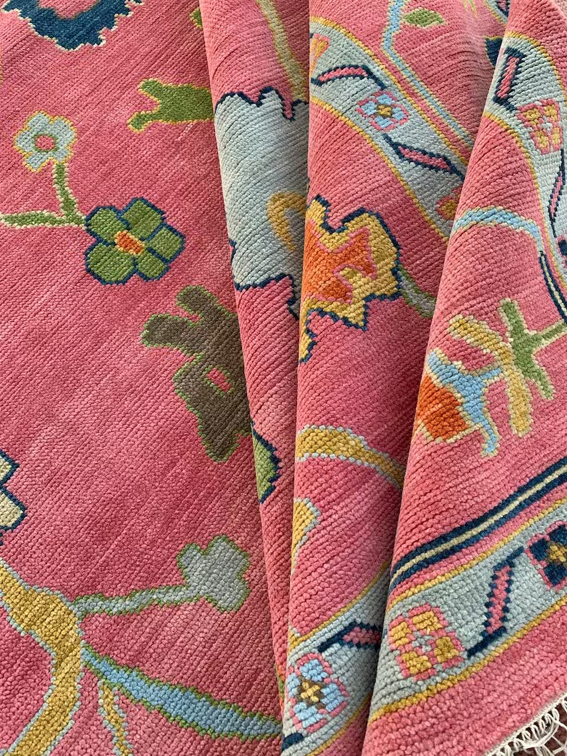 Exquisite Pink Hand Knotted Rug Oushak
