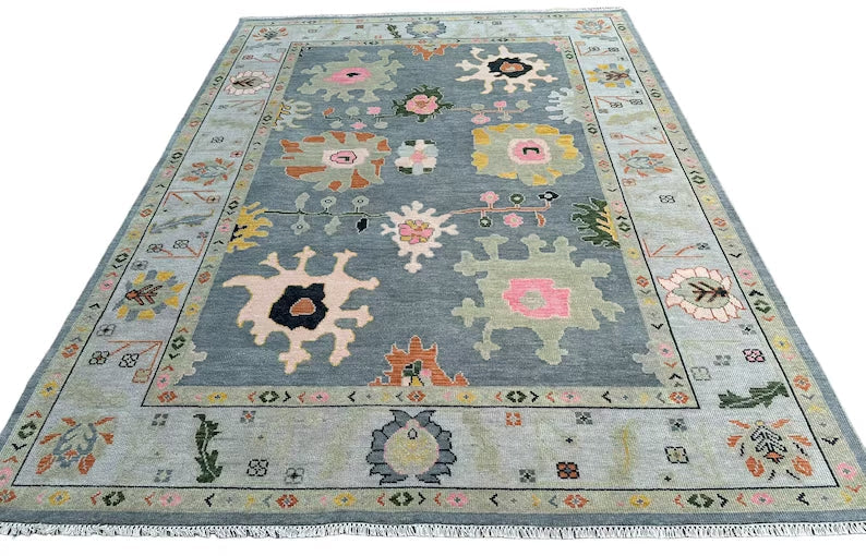 Grey Modern Oushak Hand Knotted Rug for Bedroom & Living Room
