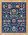 Colorful Contemporary Oushak Hand Knotted Rug, Green Red Peach Accent Navy Background