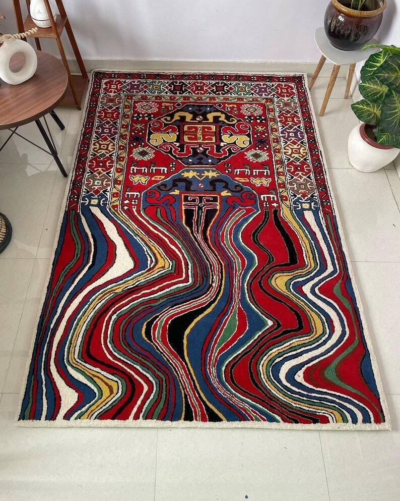 Red Hand Tufted Melting Persian Design Area Rug for Living Room & Bedroom