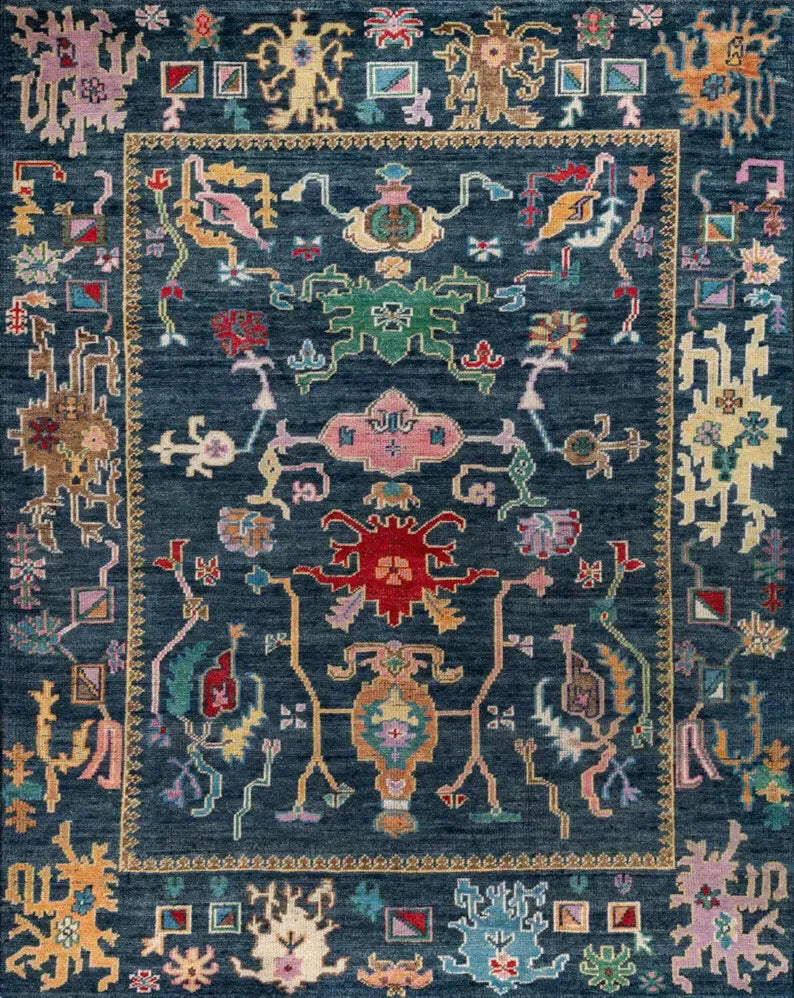 Navy Blue Hand knotted Rug, Modern Turkish Oushak Rug, Area Rug for Living Room