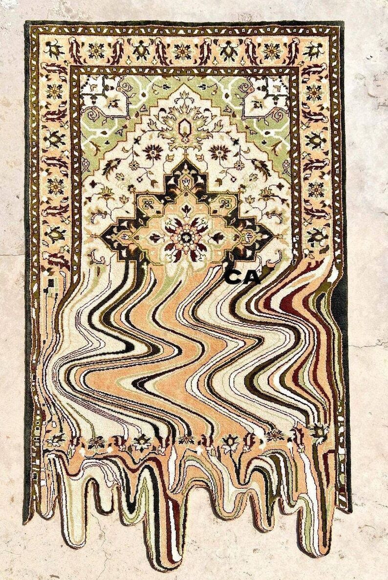 Green Hand Tufted Melting Persian Design Area Rug for Bedroom & Living Room
