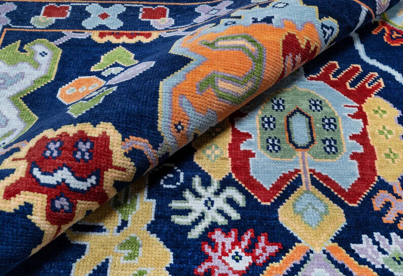 Colorful Contemporary Oushak Hand Knotted Rug, Green Red Peach Accent Navy Background
