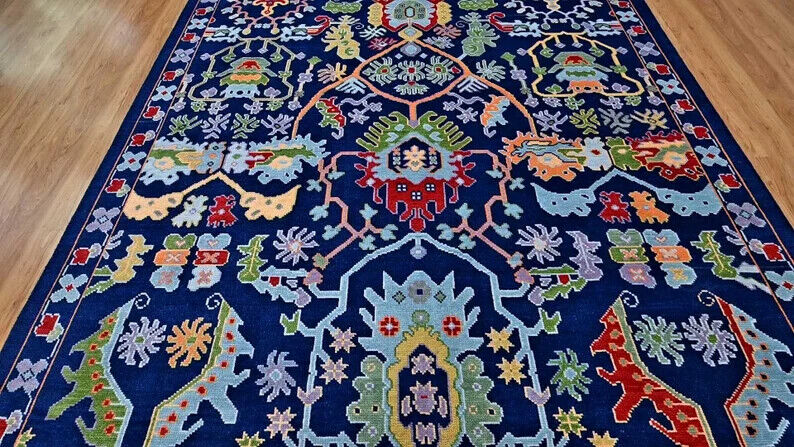Colorful Contemporary Oushak Hand Knotted Rug, Green Red Peach Accent Navy Background