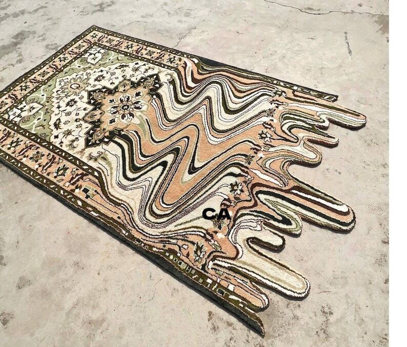 Green Hand Tufted Melting Persian Design Area Rug for Bedroom & Living Room